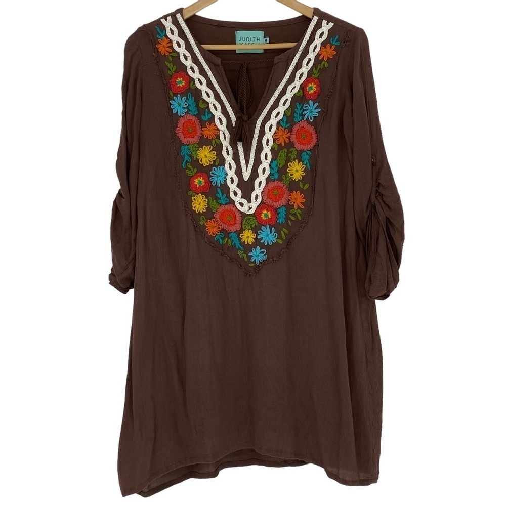Judith March Peasant Bohemian Tab Sleeve Brown Embroidered Floral Swing Dress, M